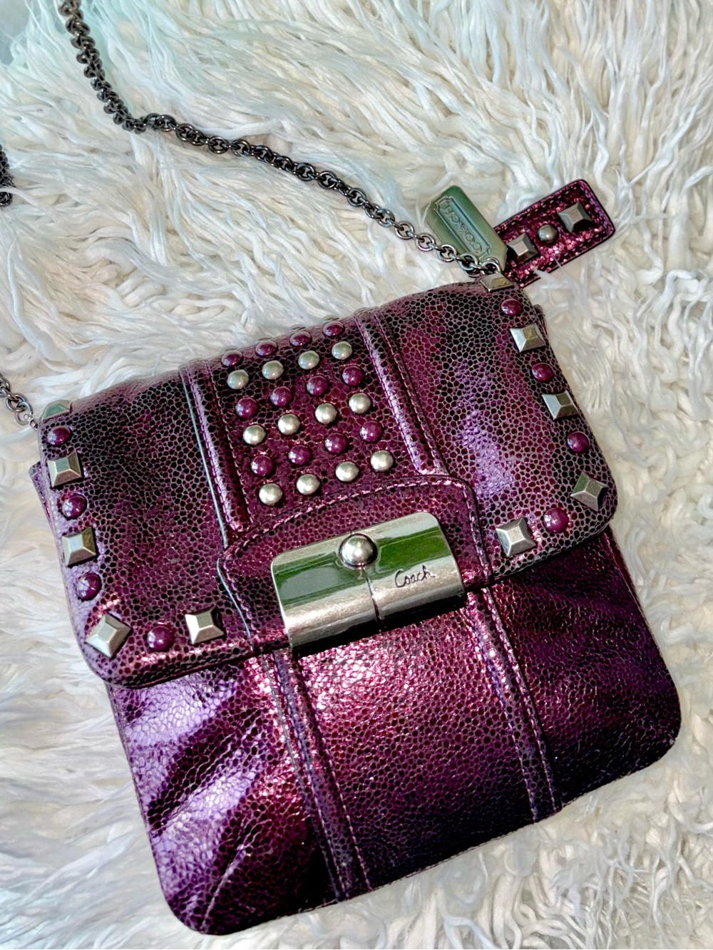Coach Kristin #44043 Boysenberry Metallic Gunmetal Studded Leather Crossbody Bag
